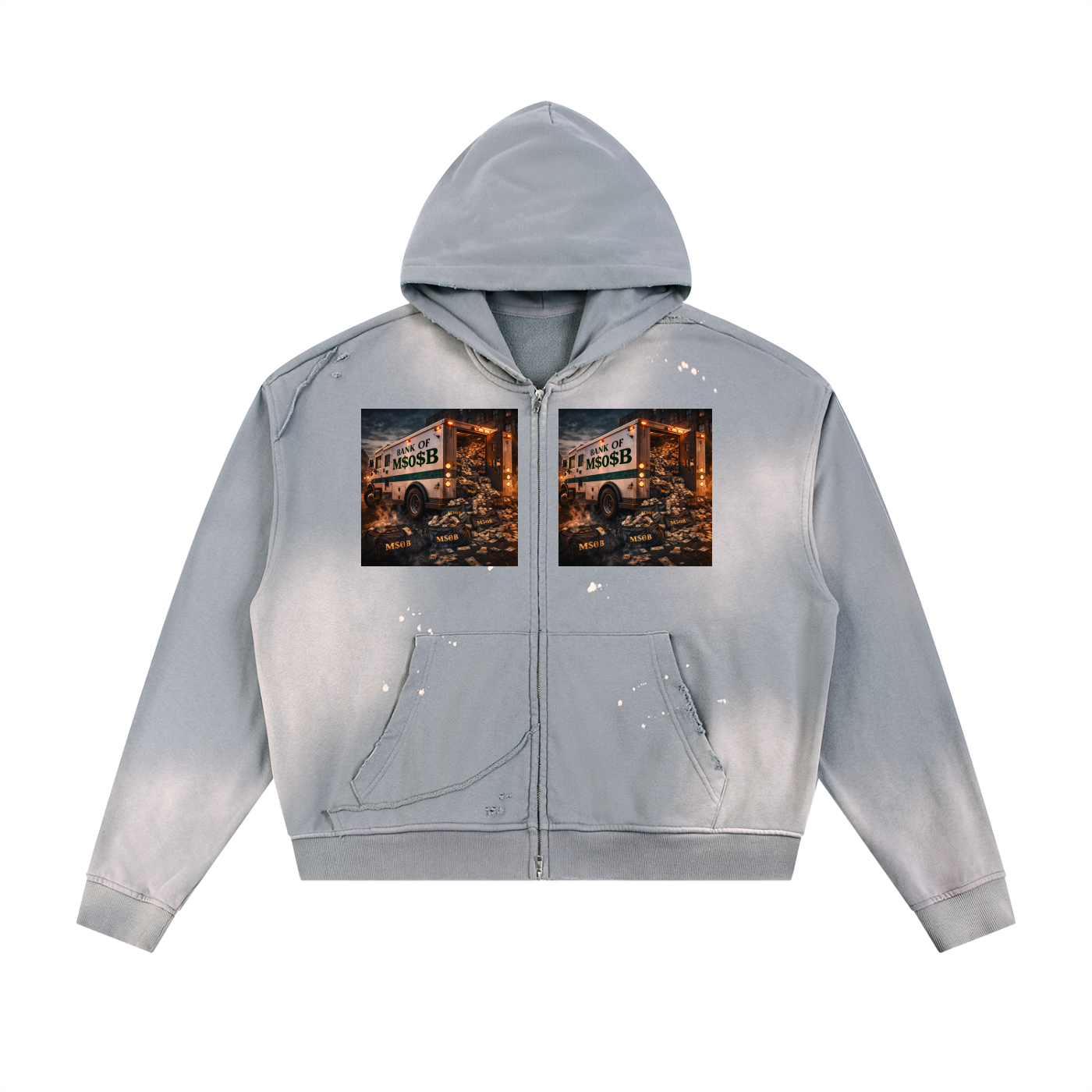 Sun Fade Frayed Raw Edge Fleece Zip Hoodie