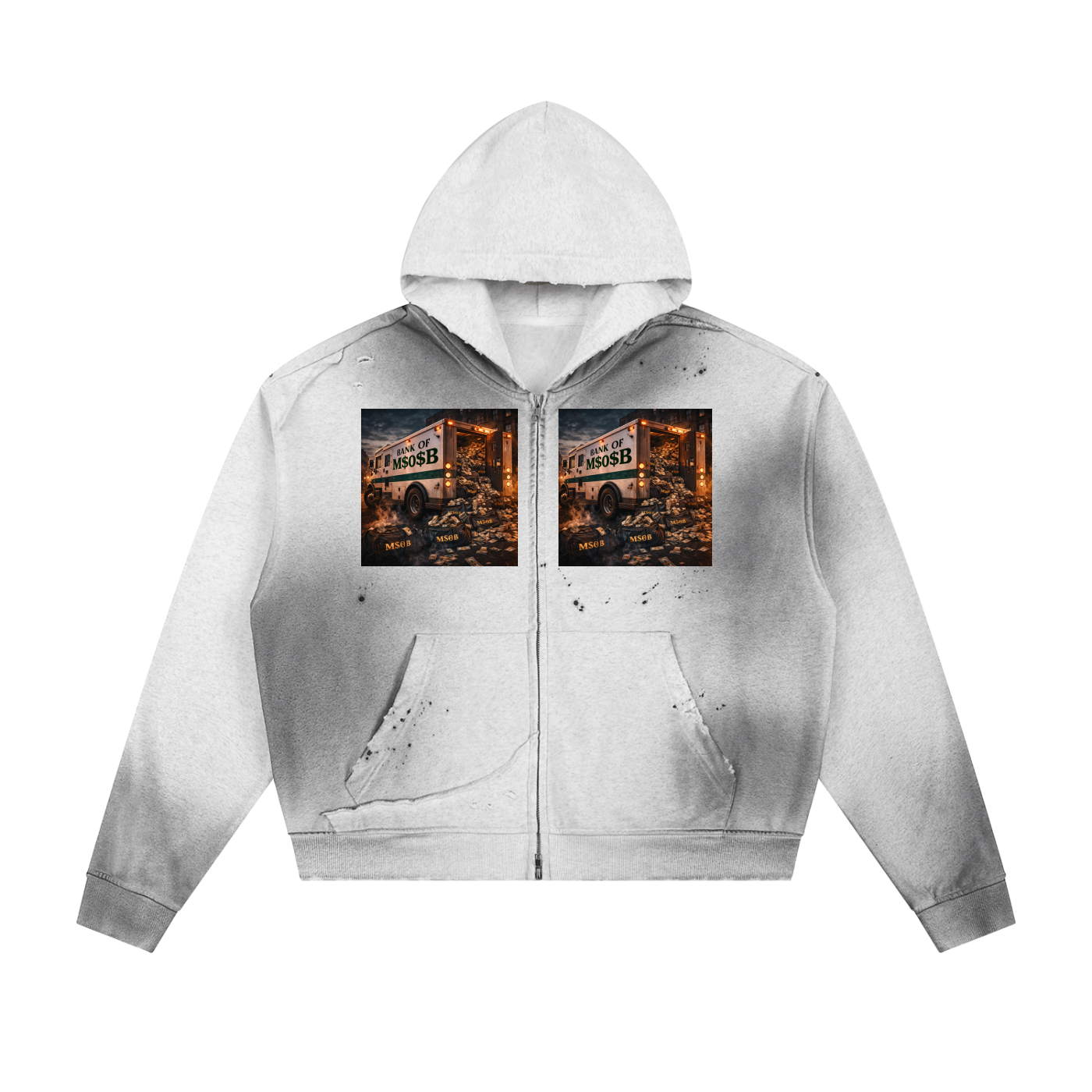 Sun Fade Frayed Raw Edge Fleece Zip Hoodie