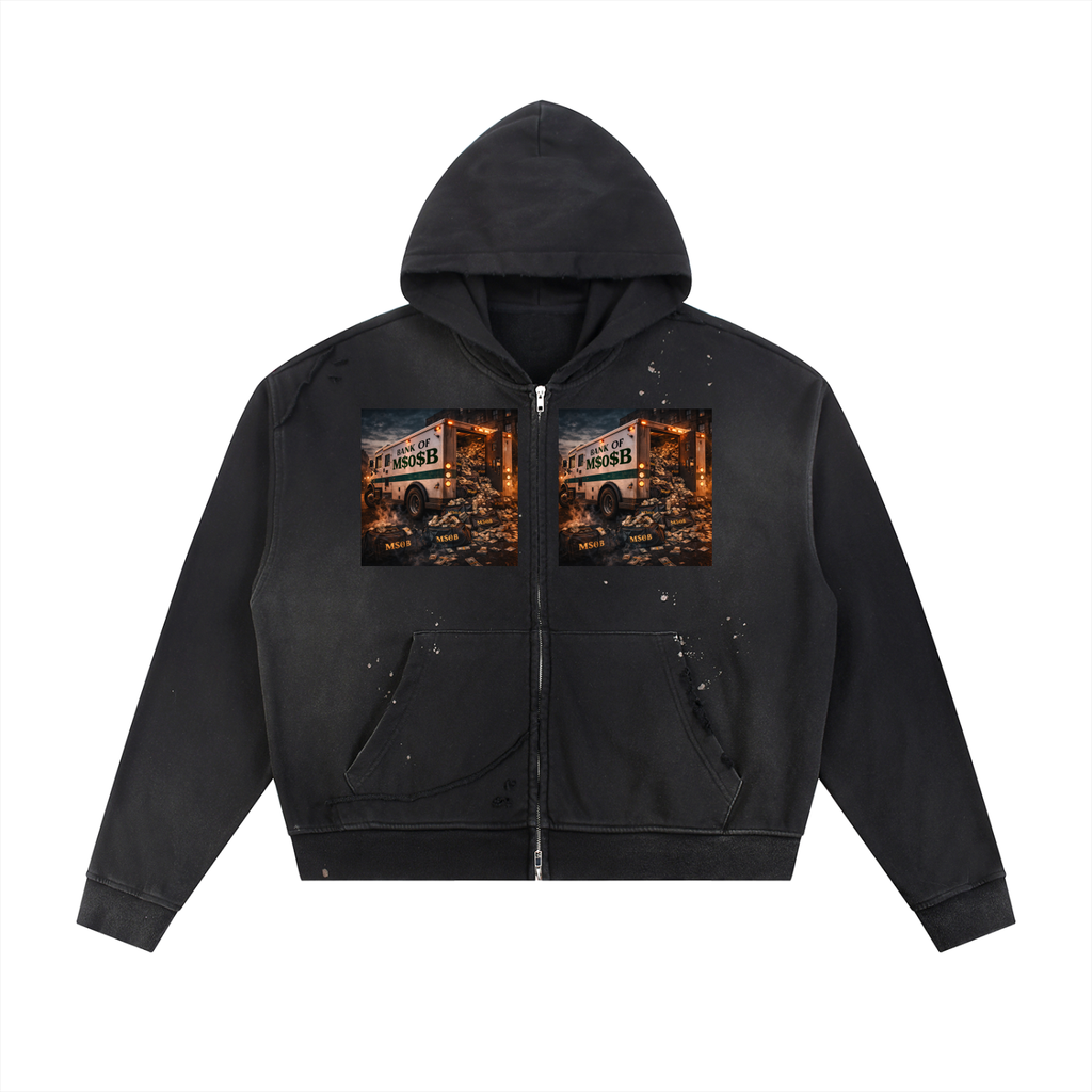 Sun Fade Frayed Raw Edge Fleece Zip Hoodie