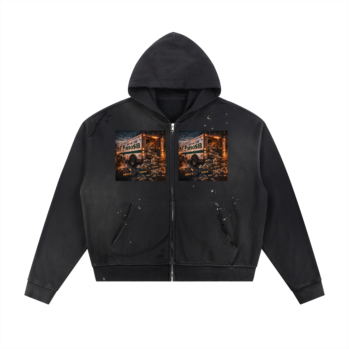 Sun Fade Frayed Raw Edge Fleece Zip Hoodie